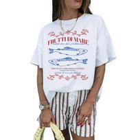 Retro Boho Italian Sardine Coastal Beach TShirts for Women Vintage Cotton Shirt Cute Seafood Tee Loose Short Sleeve Graphic Top S