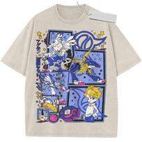 Summer Mens Beige Washed T  Shirt Digimon Adventure Agumon Gabumon Takeru High  Quality Fabric for Casual Shopping M