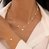Gold Silver Color Pearl Heart Jewelry Set Simple Exquisite Heart Pendant Necklace Round Beads Alloy Beaded Necklace auksas