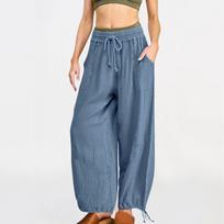 Women Baggy Utility Pants High Waisted Wide Leg Cargo Cotton Linen Pants Trouser L mėlyna