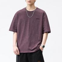 Men Crew Neck Short Sleeve T Shirt With Small Embroidery Loose Fit Casual Daily Tops M violetinė