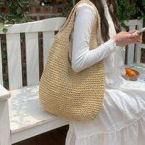 Versatile One Shoulder Straw Woven Bag Lazy Style Handmade Woven Bag Large Capacity Zipper Tote Bag Women's Vacation Beach Women's Bag