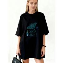 Oversized T Shirt Black Manta Ray And Ocean Wave Print With Dance With The Ocean Text For Beach And Casual Wear S juoda