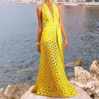 Women's V-Neck Open-Front One-Piece Swimsuit, High-End Elegant Swimwear, Summer Beach & Resort Bathing Suit L geltona