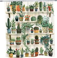 Cactus Plant Bonsai Shower Curtain Succulent Houseplant Green Leaf Spring Summer Vine Trellis Garden Bathroom Decoration 90x180CM