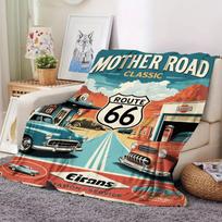 Historic Route 66 The Mother Road Print Flannel Blanket, Retro US Highway Map Soft Cozy Throw 80cm x 120cm
