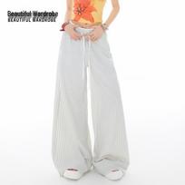 Women's Summer Vertical Stripe High-Waisted Wide-Leg Pants L dryžuota balta spalva
