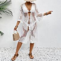 Women's Black Lace Crochet Kimono Cover Up Floral Embroidery Sheer Mesh Tie Waist Beachwear one size balta