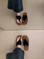 Sheepskin version~ Retro suede metal cover toe flip-flops women's outer wear 2025 summer fashion casual flats 35 juoda