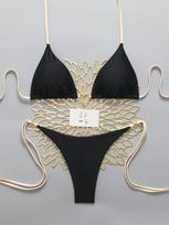2026 European & American Hot Selling Sexy Backless Solid Color Split Bikini Swimsuit M juoda