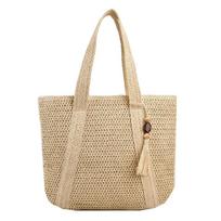 Large Capacity Weave Tote Bag Summer Travel Beach Straw Handbag Tassel Design Female Bohemian Shoulder Bag for Women 2026 smėlis