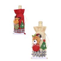 Christmas Decorative Burlap Drawstring Wine Bottle Bags Set with Snowy Cartoon Animal Embellishments and Plaid Trim for Holiday Gift Packaging