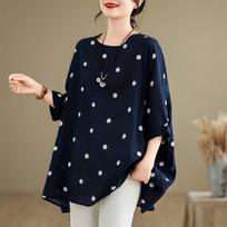 Women Oversiezd Polka Dot Blouse Vintage 3/4 Sleeve Tops Summer Casual Loose Round Neck Tunics Holiday Female Blusas One Size mėlyna