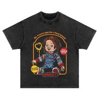 Chucky Bingo Fun Print Tshirt Mens Washed Old Short Sleeve American Retro High Street Pure Cotton Mens and Womens Tops M