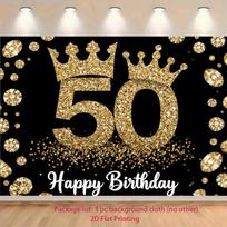 2D Elegant 50th Birthday Backdrop Gold Glitter Crown Diamond Photo Booth Background 47.2x31.5inch/120*80cm