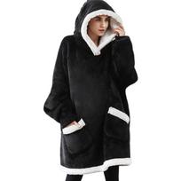 Comemore Oversized Hoodie Blanket with Sleeves Džemperis languotas žieminis flisinis džemperis su gobtuvu pižama moterims rudens namų drabužiai One Size juoda