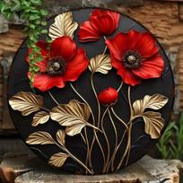 Metal Wall Art Red Poppy Vintage Round Print Kitchen Office Cafe Decor 20x20
