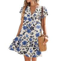 Women's Dresses Short Sleeve V-Neck Floral Printed Loose Casual Temperament Beach Dresses S