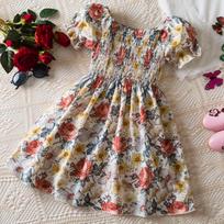 Elegant Floral Print Princess Dress With Bubble Sleeves For Girls 100 raudona