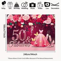 2D Pink Floral 50th Birthday Backdrop, 71x94 Inch Party Photo Booth Banner 47.2x31.5inch/120*80cm