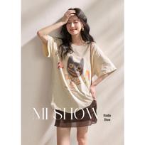 Women's Quirky Cat Print T-Shirt S abrikosas