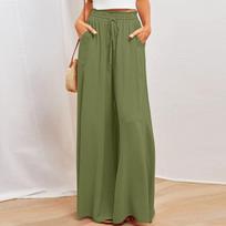 Women's Color Trousers Elastic Belt Wide Leg High Waist Long Culottes M