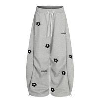 Women's Japanese Style Flower Embroidered Wide-Leg Sweatpants - Casual Drawstring Jazz Dance Sportswear Large pilka spalva