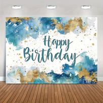 2D Elegant Blue Gold Birthday Backdrop, Watercolor Theme Party Supplies 47.2x31.5inch/120*80cm