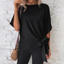Fashion Solid Colour Round Neck Bat Wing Sleeve T-Shirt Hem Knotted Loose Summer Women's Tops XL juoda