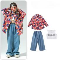 Children's Hip-hop Trendy Clothes, Boys and Girls, Hip-hop Jeans Suits, Children's Retro Hong Kong Style Flower Shirts, Catwalk Costumes 160