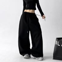 Plus Size New Women‘s Fashion Fitness Sweatpants Wide Leg Straight Ladies Casual High Waisted Solid Color Sports Pants XXL juoda