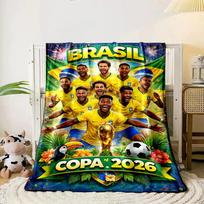 Futbolo komanda geltonais marškinėliais su Brazilijos vėliavomis ir žemiau „Copa 2026“. visų sezonų antklodė pietų pertraukos pledas dovana 80cm x 120cm
