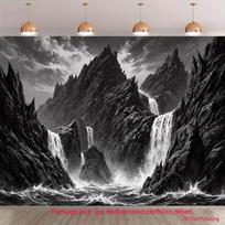 2D Black White Mountain Waterfall Backdrop, Grayscale Nature Photography Background 47.2x31.5inch/120*80cm