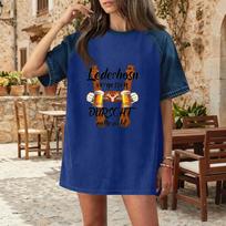 Casual Women Denim Patchwork Oktoberfest Graphic T Shirt Short Sleeve Comfortable Loose Fit Top for Everyday Wear L mėlyna