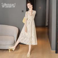 Elegant Lace Patchwork A-line Summer Dress S abrikosas