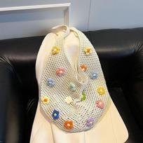 Simple Flower Hollow Knitted Beach Bag Shoulder Bag Women Vest Bag Ins Woolen Bag Shopping Tote smėlis