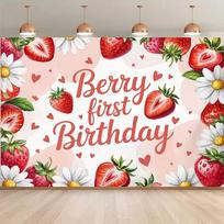 2D Pink Strawberry Themed Backdrop Sweet One First Birthday Celebration Photo Background 47.2x31.5inch/120*80cm