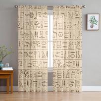 Senovės Egipto freskų grafikos permatomos užuolaidos svetainės dekoravimui langų užuolaidos virtuvės tiulio voilo organzos užuolaidos W135 x H115cm x1&Rod Pocket
