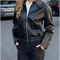 Women's Solid Color Faux Leather Zip-Up Bomber Jacket S juoda