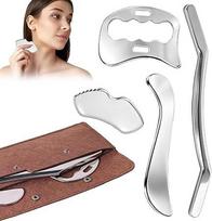 "4-in-1" Gua Sha nerūdijančio plieno raumenų grandiklio įrankis, limfos drenažo masažo įrankis, raumenų fascijų grandiklis su veltinio laikymo krepšeliu kojoms, nugarai, veidui, kaklui, masažo Gua Sha