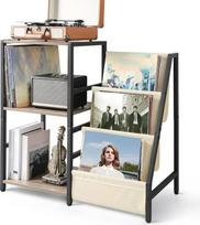 "Bikoney" šoninis staliukas su 3 pakopų vinilinių plokštelių saugykla iki 200 albumų, vinilinių plokštelių grotuvo stovas, medinis šoninis staliukas svetainei (baltas)