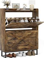 "BonVache" siaura batų spinta, batų spinta su 2 atvartais, batų lentyna su 4 lentynomis prieškambaryje, batų komoda su metalinėmis kojelėmis, batų laikymo mediena, 80 x 23,8 x 101,7 cm, ruda