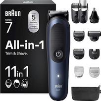 "Braun All-in-One Trimmer Set 7", "11-in-1 Multigroom", barzdos kirptuvas, nosies plaukų kirptuvas, veido, galvos ir kūno plaukų kirptuvas, 120 min. baterija, 14 ilgių (0,1-21 mm), atsparus vandeniui, AIO7540, mėlynas