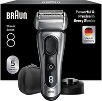 "Braun Series 8" elektrinis skustuvas vyrams, 4+1 tiksli galvutė ir trimeris, "SensoAdapt" bet kokio tankumo barzdai, skustuvas su 60 minučių veikiančia baterija, įkrovimo stovas, drėgnas ir sausas skustuvas - 8617s, sidabrinis