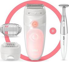 "Braun Silk-épil 5" epiliatorius moterims su skutimosi ir kirpimo priedu, skirtas švelniam plaukelių šalinimui, šlapiai ir sausai epiliacijai, aukšto dažnio masažo priedas, neslystanti rankena, baltos / rožinės spalvos