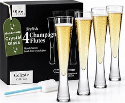 "Celeste" šampano taurės, rankų darbo rankų darbo pučiamas kristalas be švino, 4 šampano taurių rinkinys, stilingas, patvarus ir elegantiškas vyno taurių dizainas šventėms ir