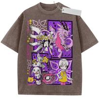 Unisex skalbinti violetiniai vintažiniai marškinėliai Digimon Adventure personažai Aukštos kokybės audinys namams, laisvalaikiui, kelionėms, apsipirkinėjimui M