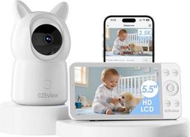 "CZEview" kūdikių monitorius su 2,5 tūkst. ir 5,5 colių HD dideliu ekranu, naktinis matymas, 360° "WiFi" vaizdo monitorius su programėle, muzika ir spalvota naktine šviesa, išmanusis aptikimas (baltas, su 1 kamera)
