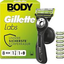"Gillette Labs" kūno ir intymių vietų skustuvas vyrams su apsauga nuo įaugusių plaukelių ir sudirginimo - yra 1 skutimosi antgalis kūnui ir intymioms vietoms, dušo laikiklis ir 8 peiliukai