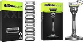 "Gillette Labs" skustuvo peiliukai, 9 atsarginiai peiliukai ir "Labs" vyriškas skustuvas drėgnam skutimuisi, skustuvas su valymo elementu + 1 skustuvo peiliukas, "Premium" magnetinis dokas